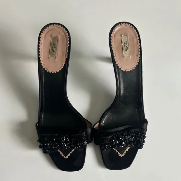 Vintage Prada Black Beaded Bow Slide Mule Kitten Heels Size EU 39.5 - Picture 2 of 11